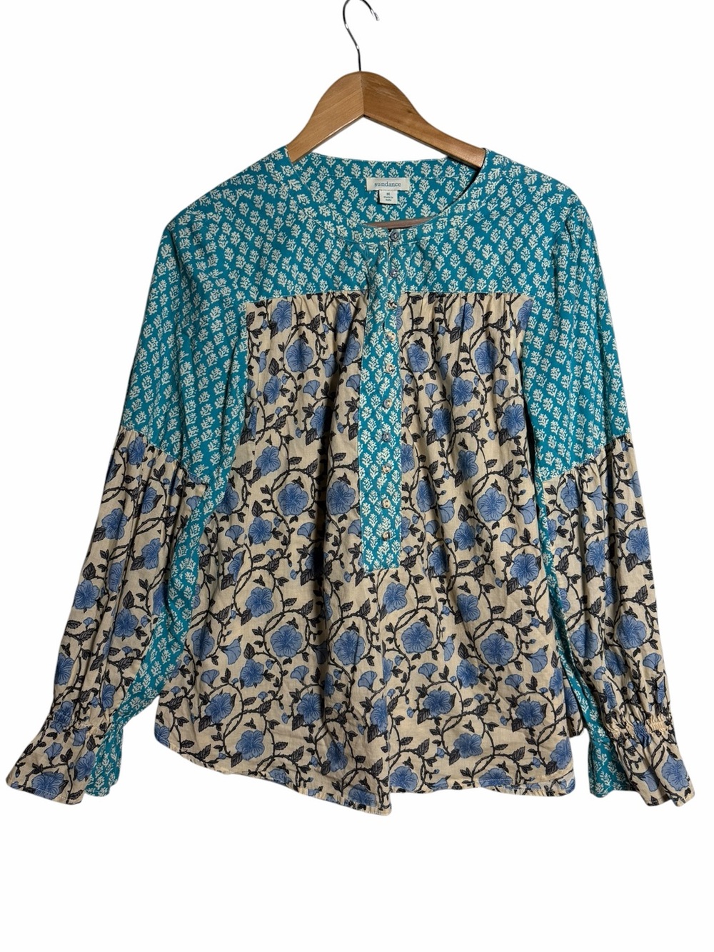 Sundance Boho Floral Block Print Cotton Peasant Blouse Blue Teal Size Medium
